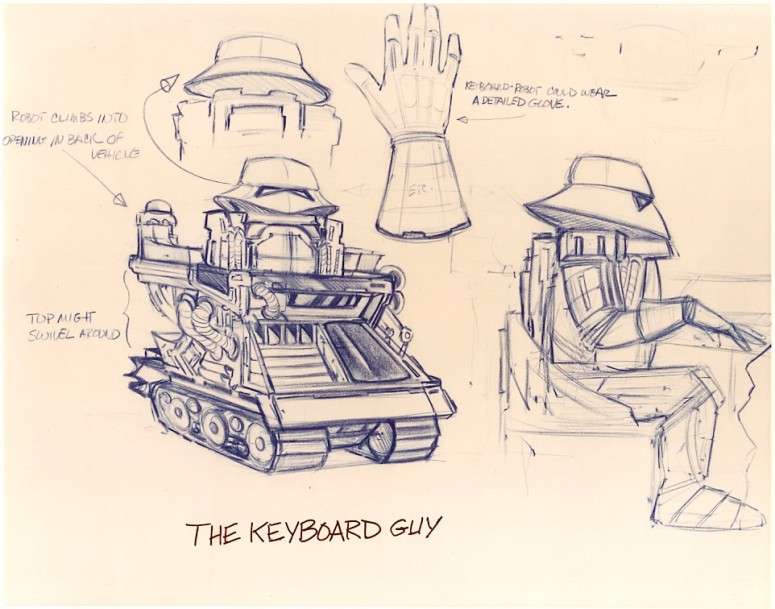 Early sketch of keyboard cart and costume.